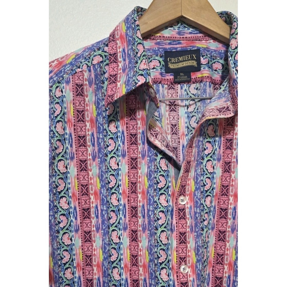 CREMIEUX PREMIUM DENIM Men Shirt XL Stretch Pink Blue Short Sleeve‎ Polo Button